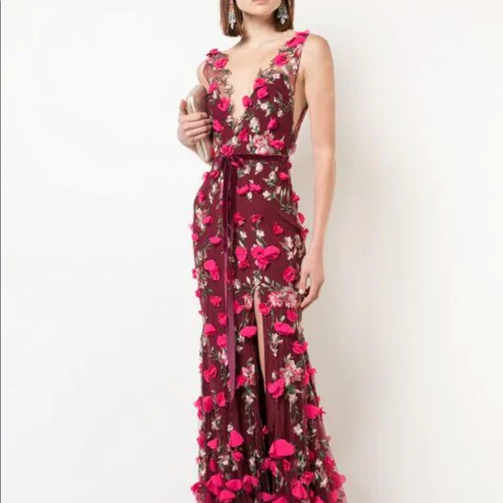 Marchesa Notte Sleeveless V-neck Embroidered Gown